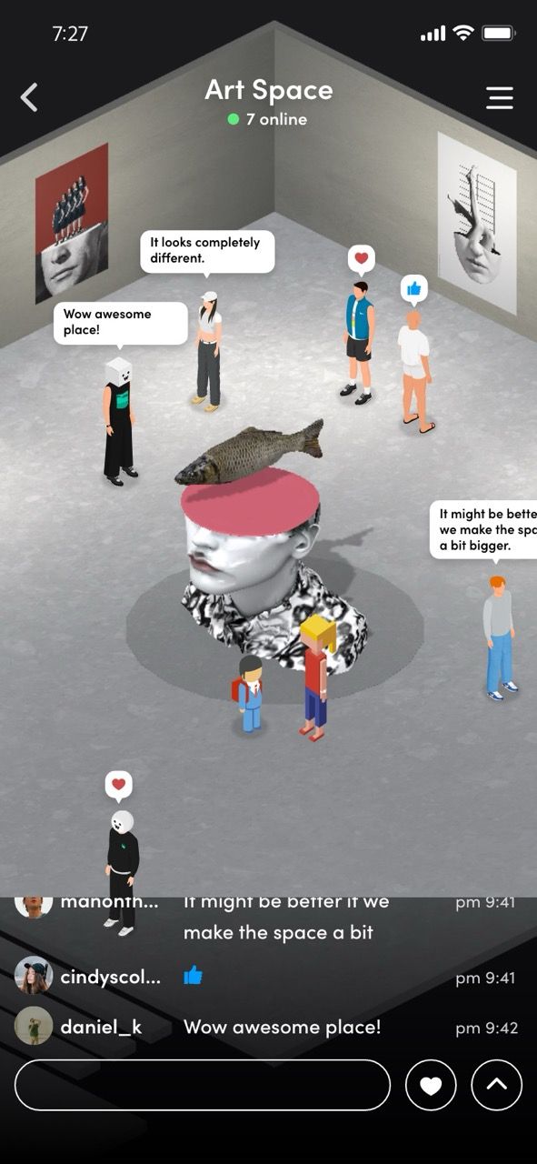 Avatar che chiacchierano con fumetti in una stanza art space di Wiggly