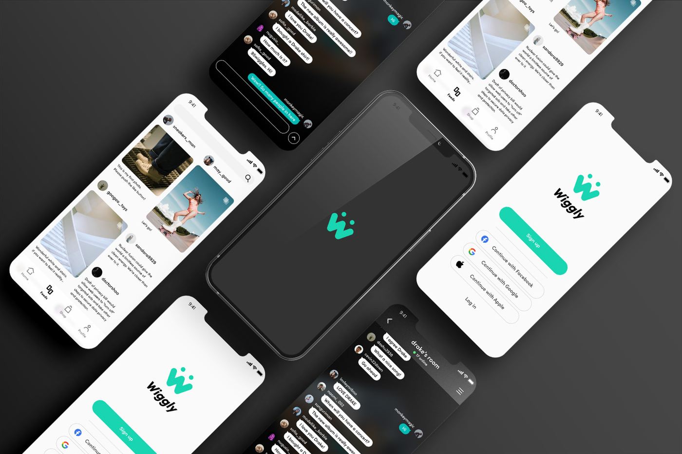 Una raccolta di schermate dell'app Wiggly: feed, chat e accesso