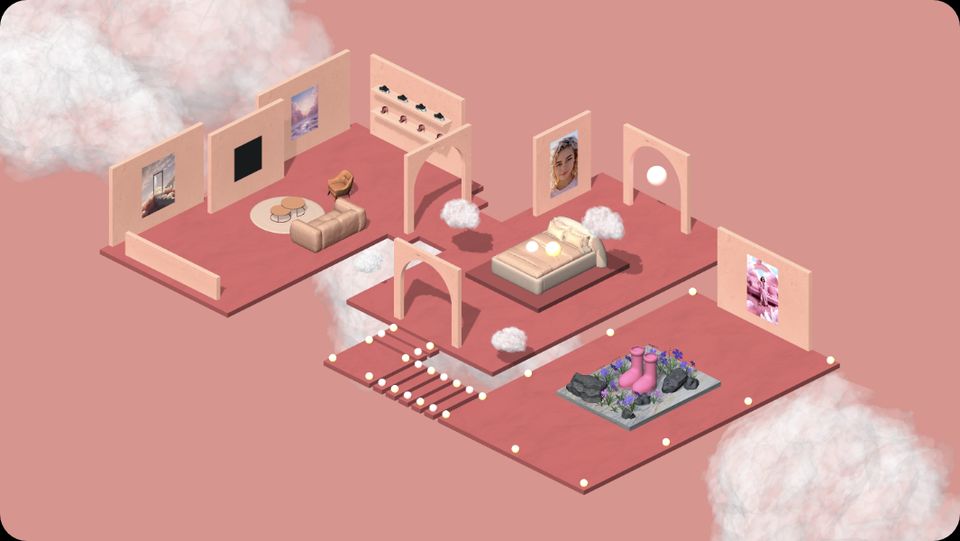 Uno spazio concept con una stanza rosa tra le nuvole